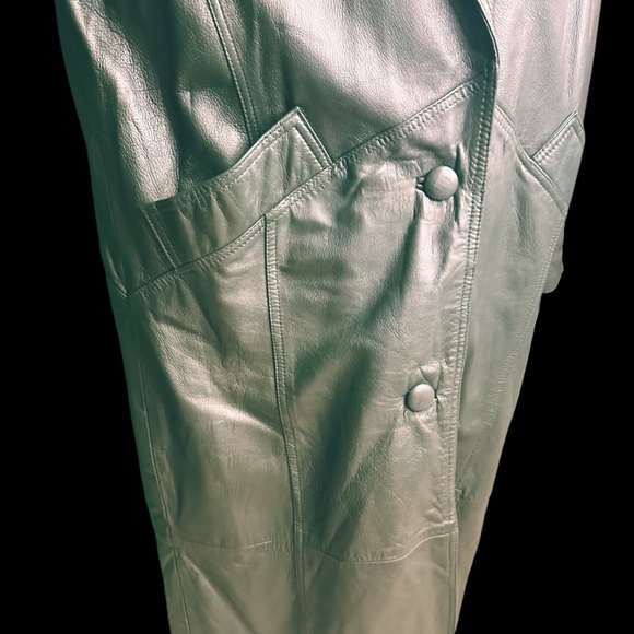 Synergy Vintage Y2K Forest Green 100% Leather Longline Button Front Coat Size L - Picture 16 of 16